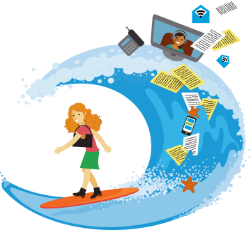 Woman dressed in work clothes, but on a surf board with many work-related items flying in the waves.