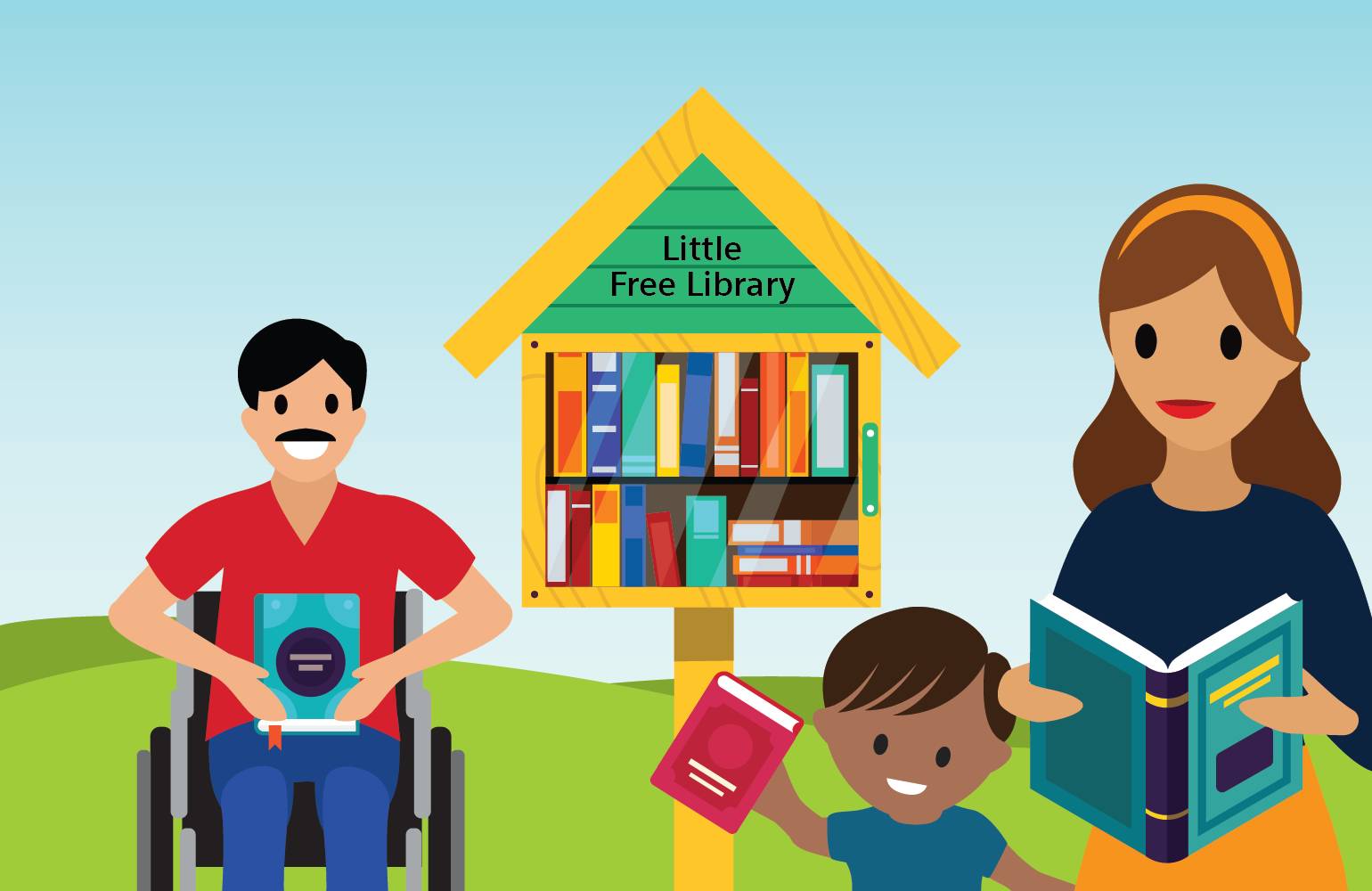 Personas que utilizan una pequeña biblioteca gratuita