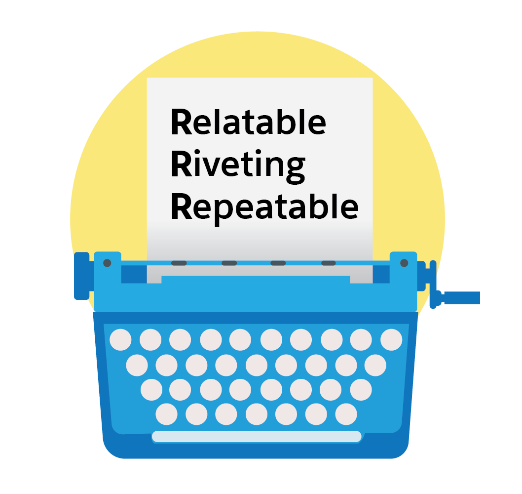 「関連性 (Relatable)、魅力 (Riveting)、再現性 (Repeatable)」とタイプされた紙がセットされたタイプライター