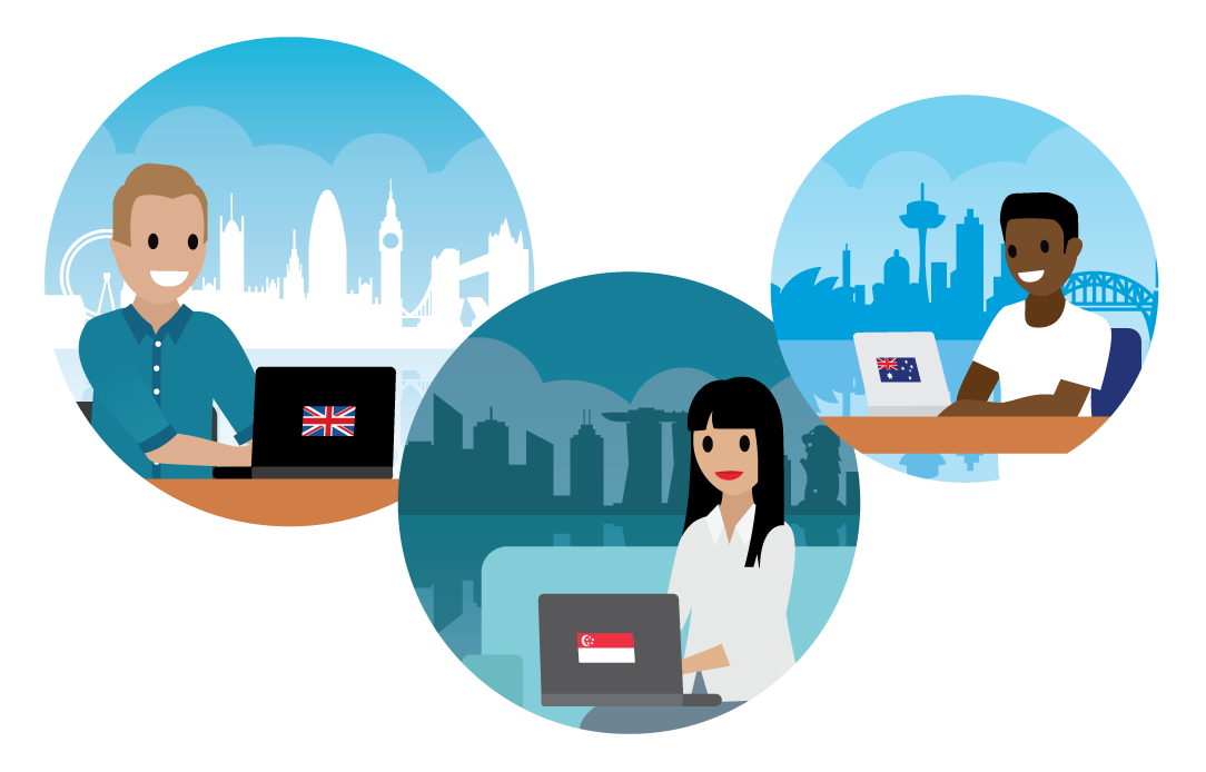 Three scenes:a man in the office with a view of Sydney, a woman in an office with a view of Singapore, and a man at home with a view of London.