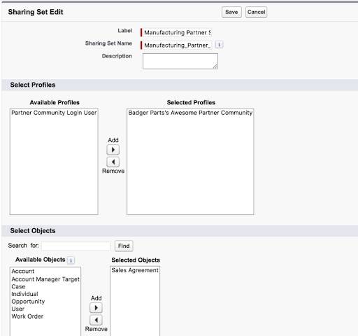 Image showing the settings for sharing sets for the partner site.