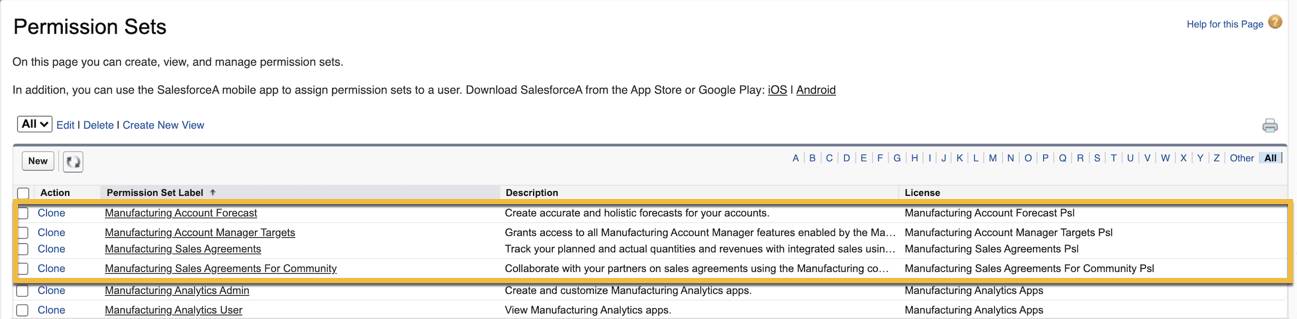 Image showing the list of all Manufacturing Cloud permission sets in Setup.