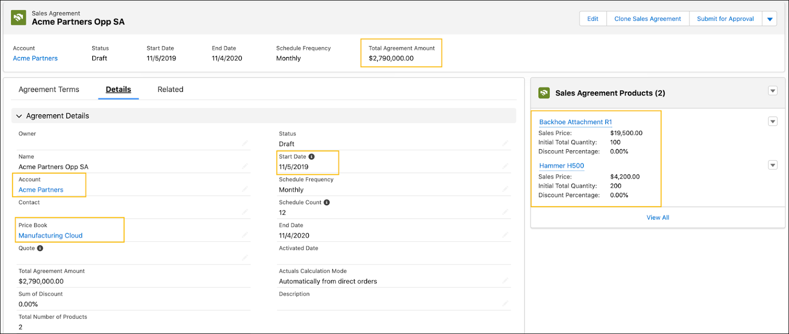 A Sales Agreement record page showing the Account, Amount, Pricebook, and Products details that were copied from the Opportunity record. The start date of the sales agreement is equal to the close date of the opportunity.}