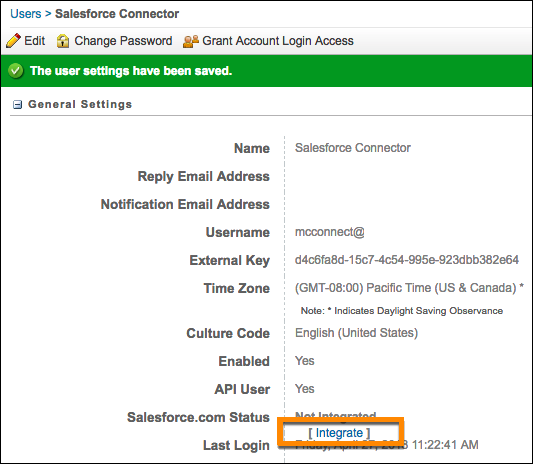 Schermata General Settings (Impostazioni generali) dell'utente in cui è evidenziato il link Integrate (Integra).