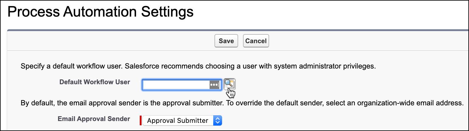 Schermata Process Automation Settings (Impostazioni automazione processi) in cui è evidenziata l'icona lente d'ingrandimento.