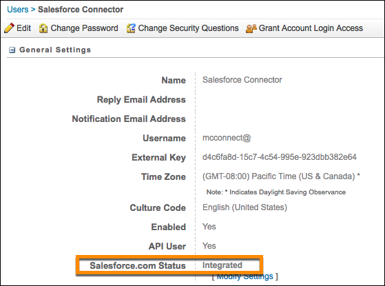 Marketing Cloud Engagement 用户详细信息屏幕,其中 Salesforce.com Status(Salesforce.com 状态)字段显示为 Integrated(已集成)。