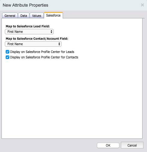 Configured Salesforce tab in the New Attribute Properties screen with Display on Salesforce Profile Center for Leads and Contacts selected.