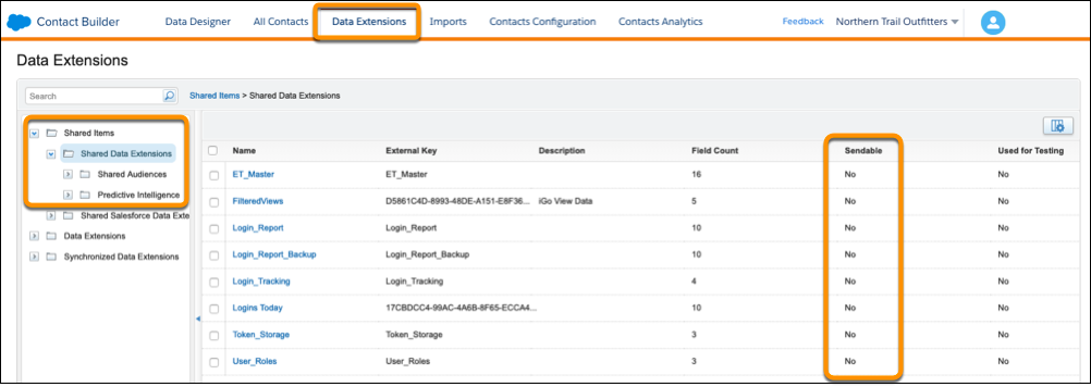 Contact Builder の共有データエクステンションのリスト。
