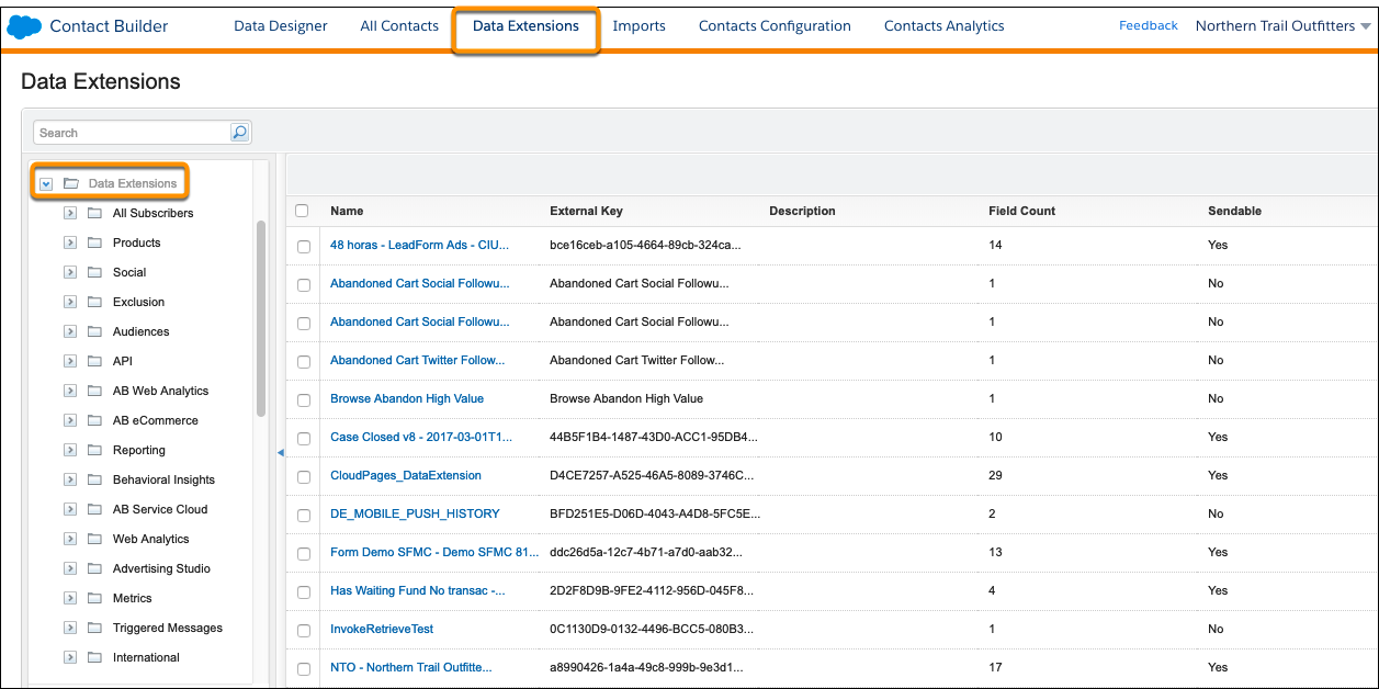 A página Extensões de dados no Contact Builder.