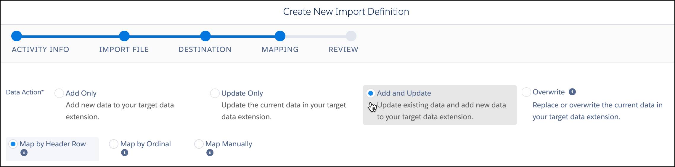 Las opciones Add and Update (Agregar y actualizar) y Map by Header Row (Asignación por fila de encabezado) seleccionadas en la definición de importación.