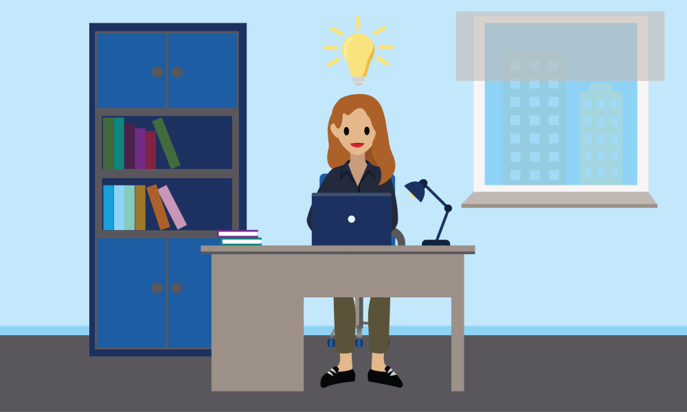 A developer sitting at a desk with her laptop and a light bulb over her head to indicate an idea.