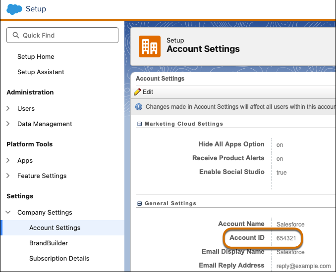 [Account ID (アカウント ID)] フィールドが強調表示されている Marketing Cloud Engagement 管理インターフェース。
