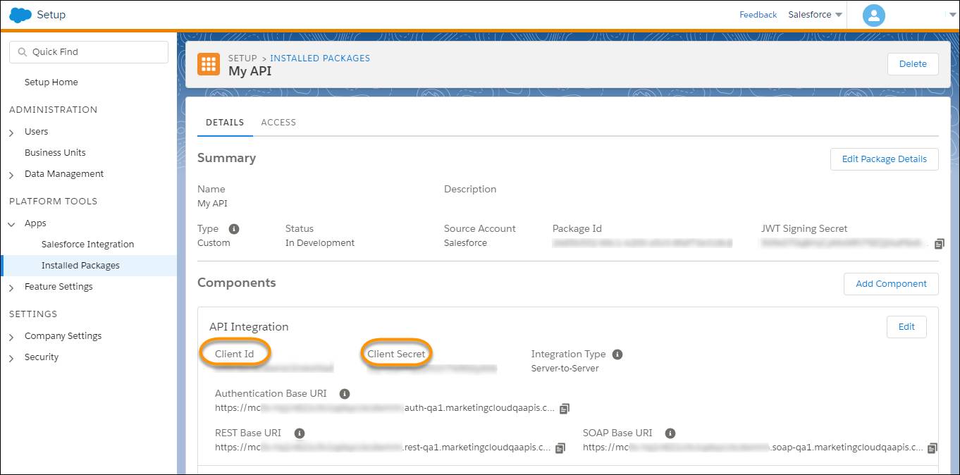 The Installed Package details page with Client ID and Client Secret highlighted under the component details.