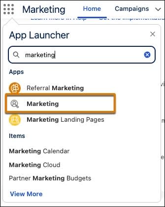 App launcher showing Marketing.