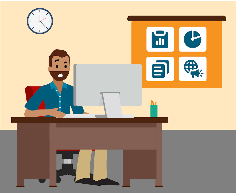 A man sits at a desk and his whiteboard shows icons indicating CRM, marketing, content, segments, and reports.
