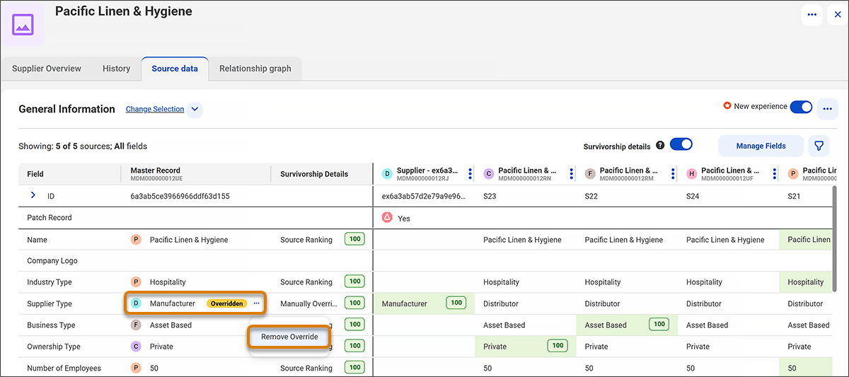 Supplier Type field with the survivorship override removed, returning the field to survivorship control with the value set to Manufacturer.
