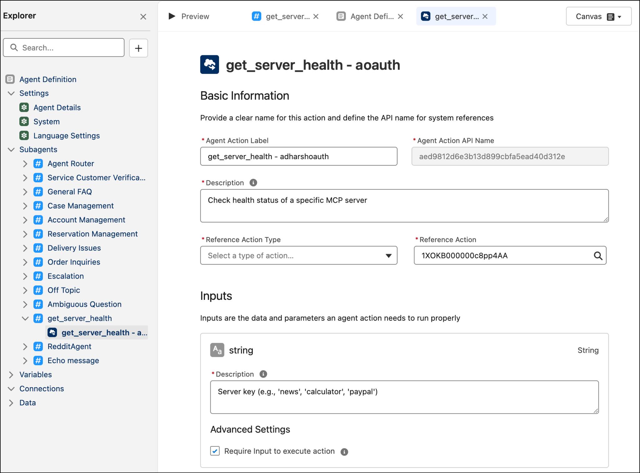 MCP tool definition in Agentforce Builder.
