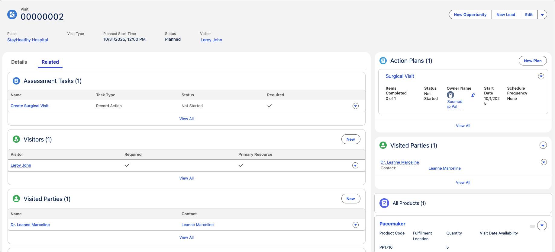 The Visit record page with associated action plans, visited parties, and products required.
