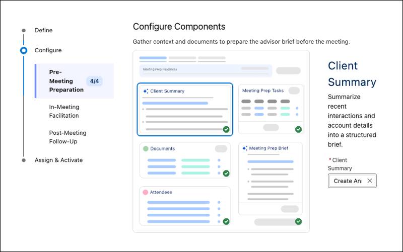 An admin uses the Prompt Template Selector to select the appropriate prompt for a pre-meeting Client Summary component.