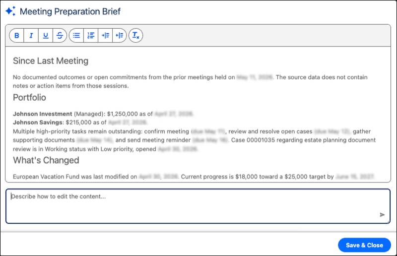 The Meeting Preparation Brief edit window with the option to describe how to edit the content.