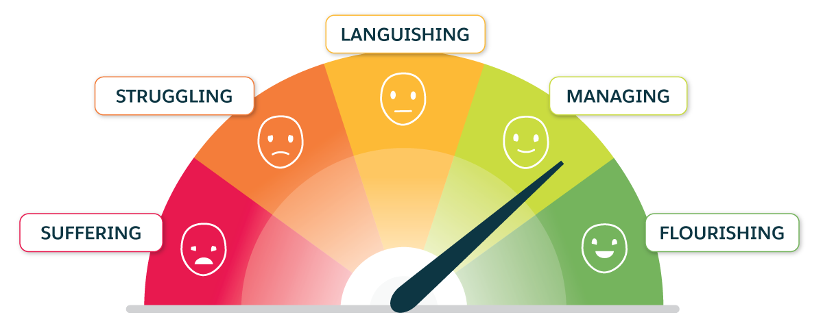 The mental health continuum is like a speedometer indicating whether you’re flourishing, managing, languishing, struggling, or suffering at any given time.