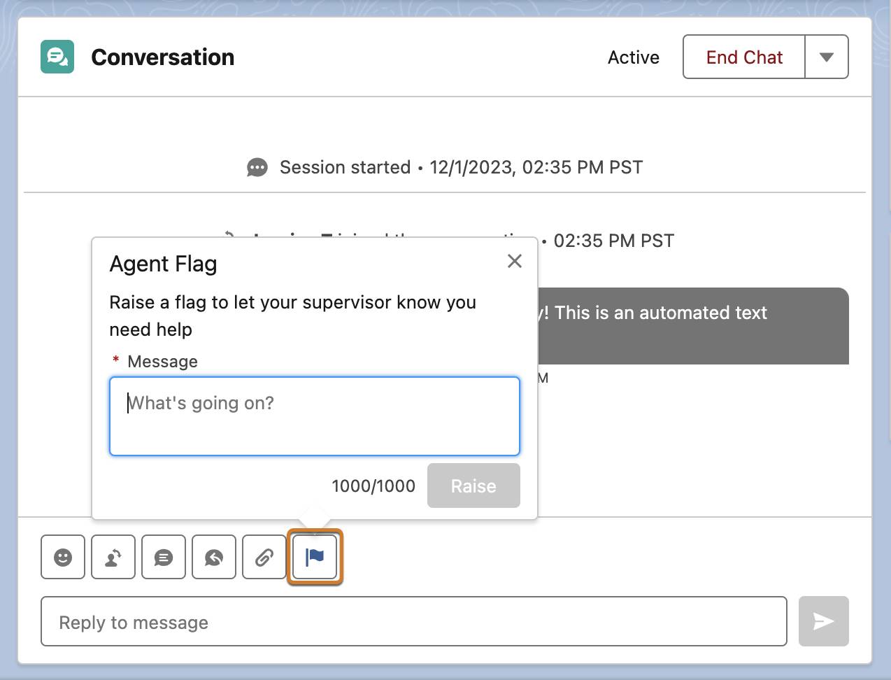 Enhanced conversation component with the Raise Flag button highlighted.