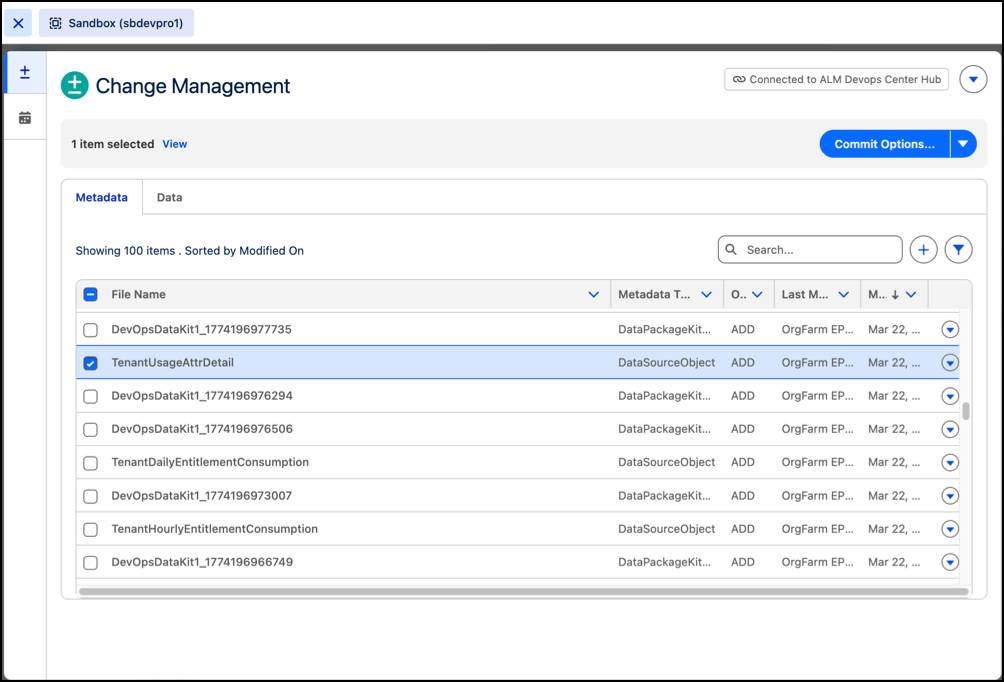 The Metadata tab on the Change Management page, with the TenantUsageAttrDetail metadata component selected.