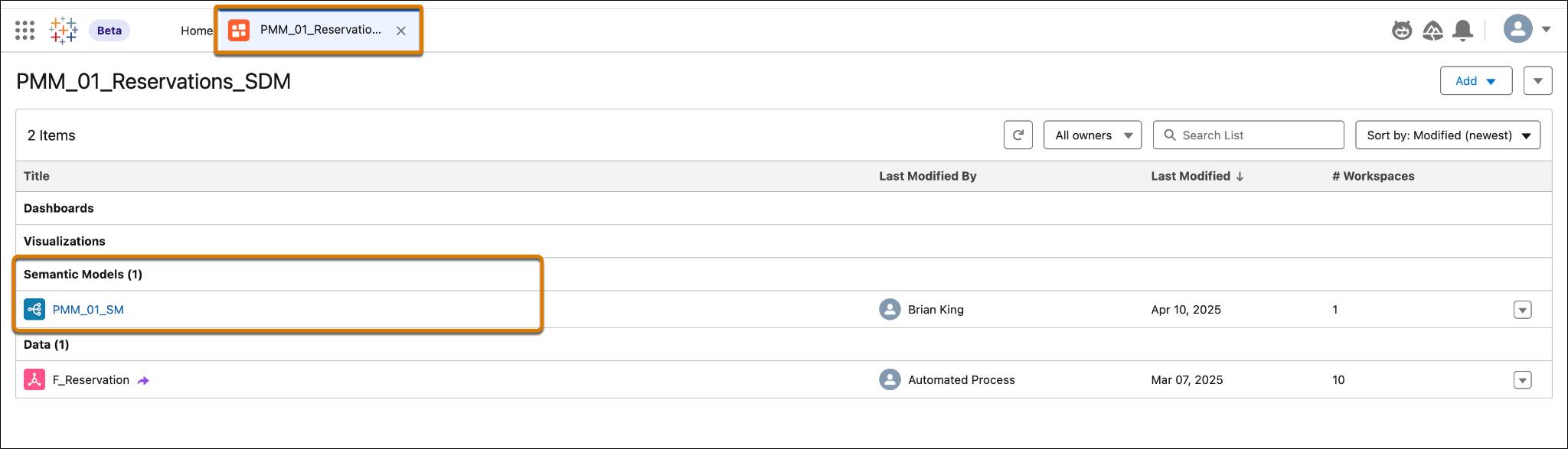 View of semantic models from a Tableau Next workspace.