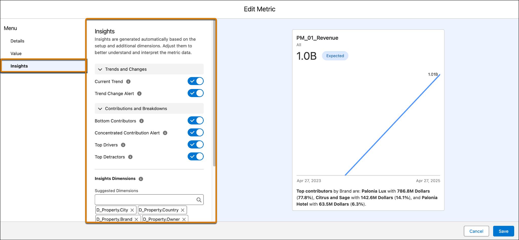 Edit Metric window with the Insights pane expanded.