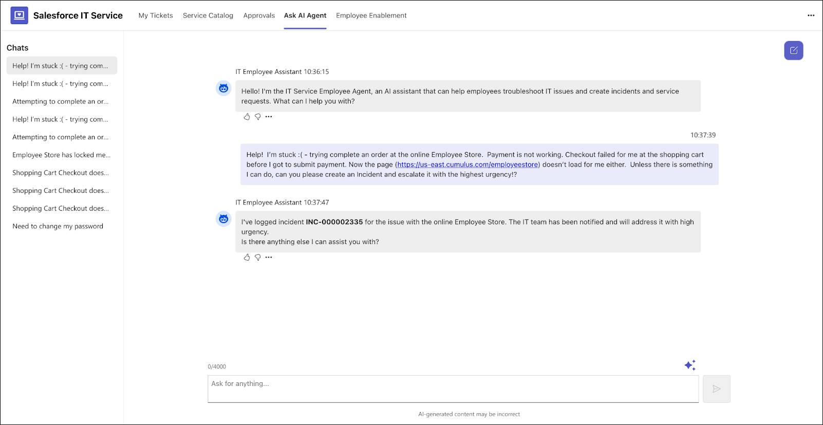 Ask AI Agent Tab in the Microsoft Teams Salesforce IT Service app featuring a chat with an IT agent.