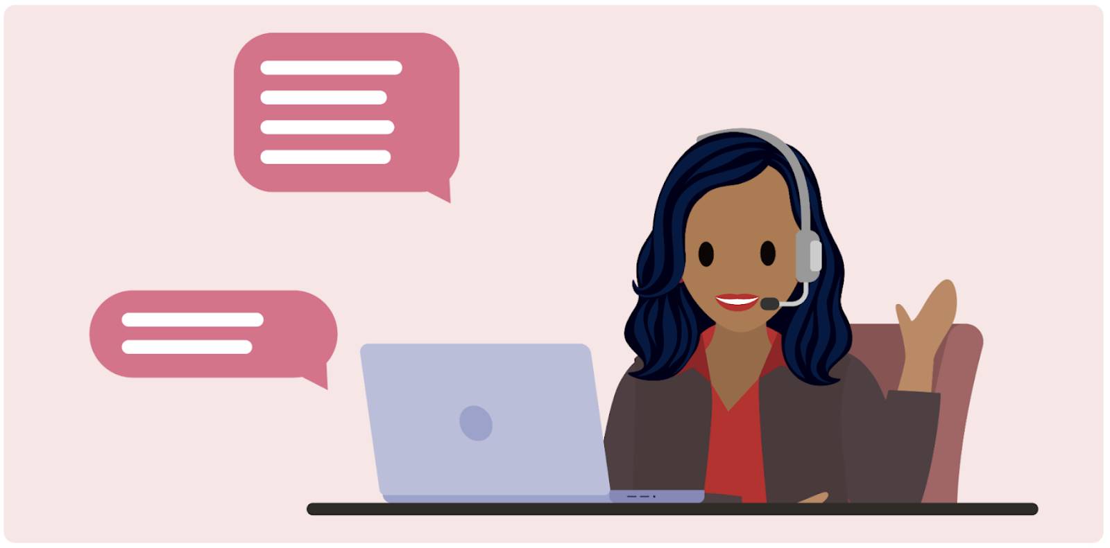 A service rep at a desk sending messages from a laptop