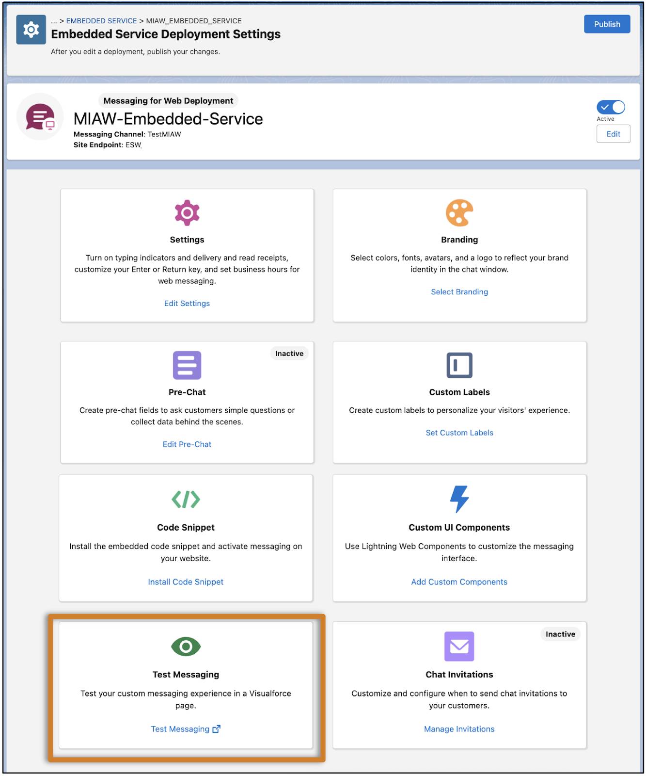 Embedded Service deployment screen with Test Messaging highlighted