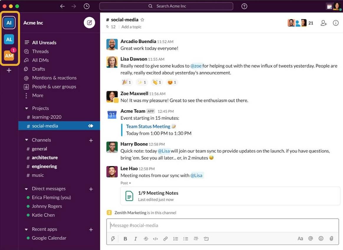 three workspaces highlighted in the left sidebar.
