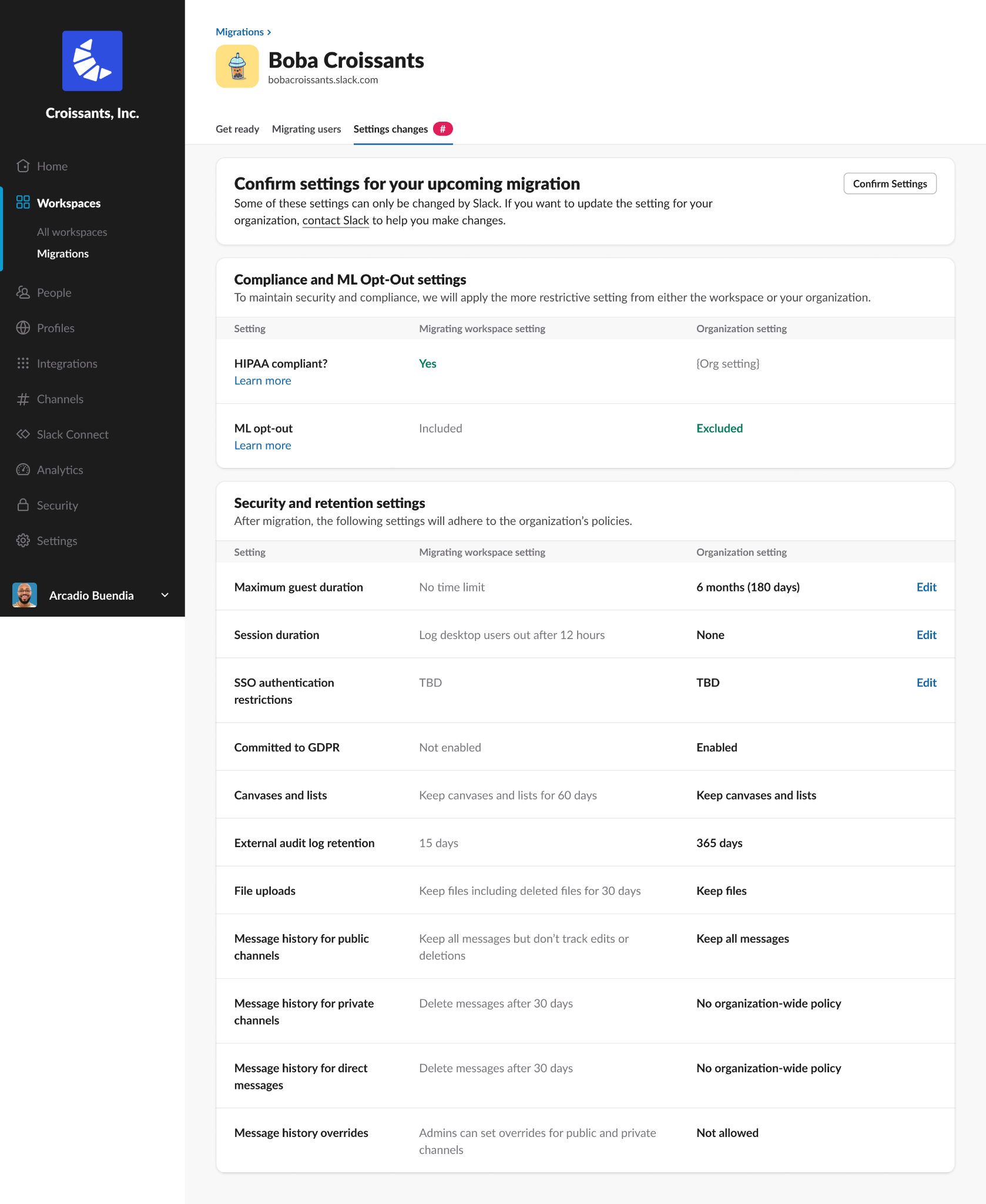 Confirm settings for upcoming migration.