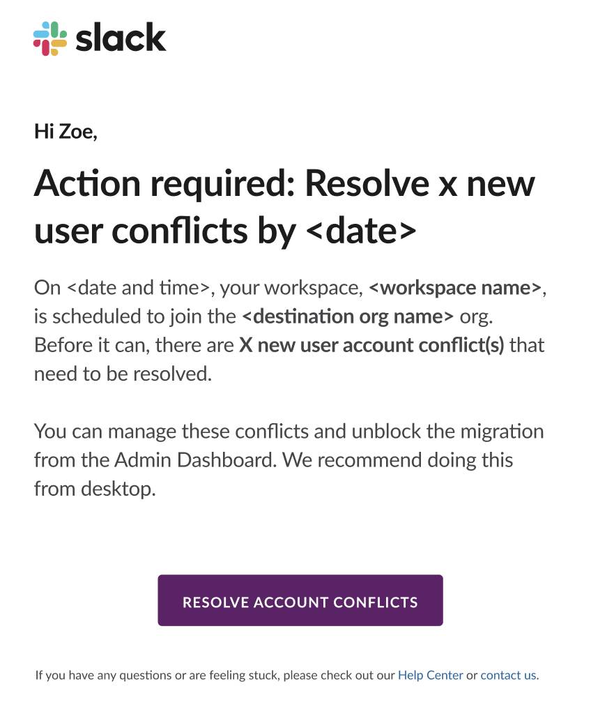 新しいユーザーアカウントの競合に関する Slackbot メッセージ。
