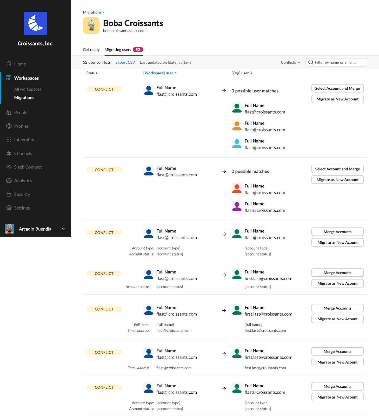 [Migrating users (移行中のユーザー)] タブ。