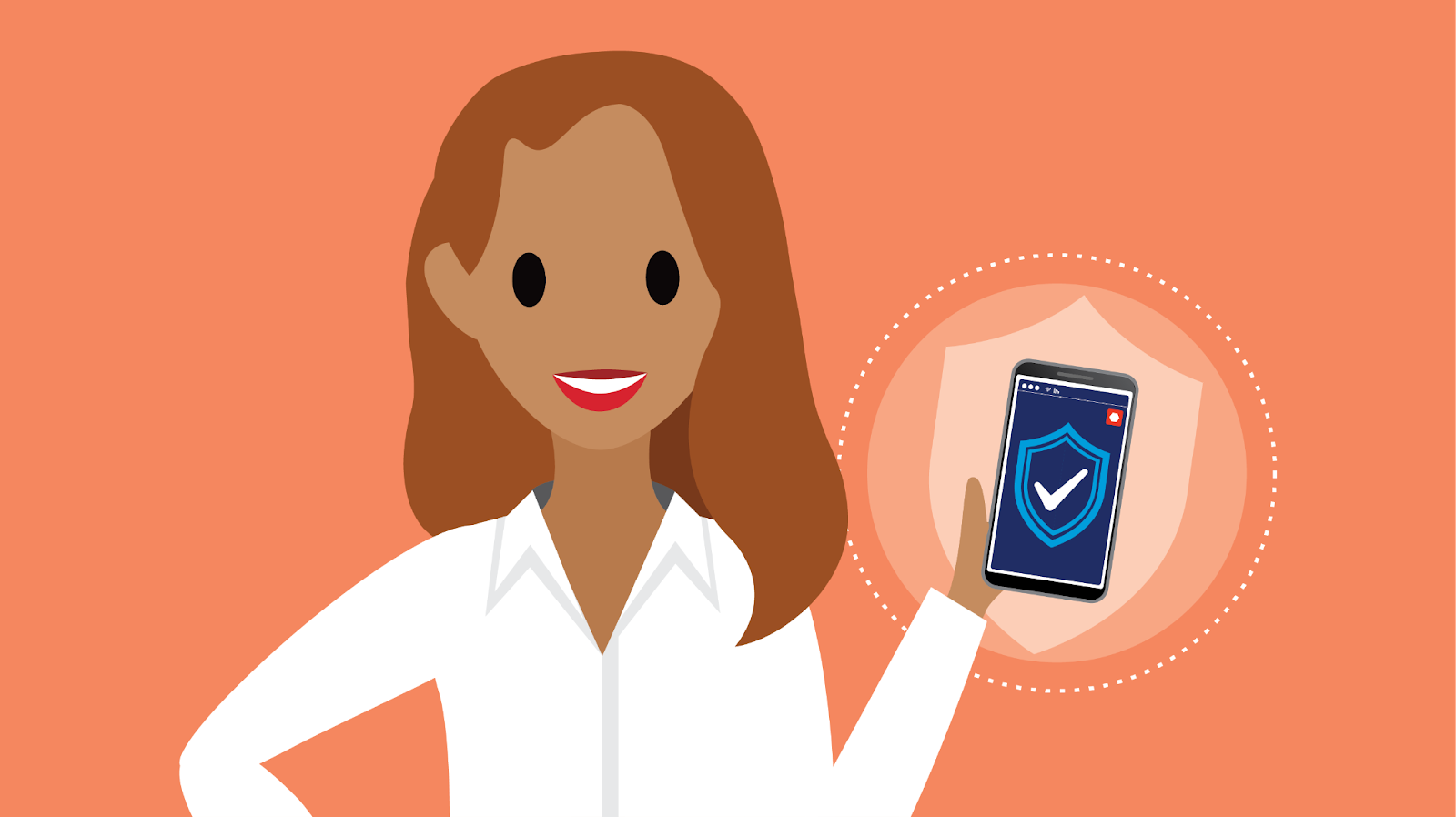 Angeli holding a mobile device with a shield and a checkmark on it
