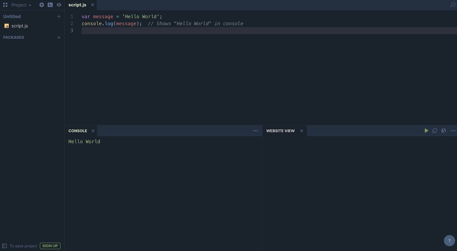 PlayCode editor used to execute JavaScript that writes the words Hello World to the Console.