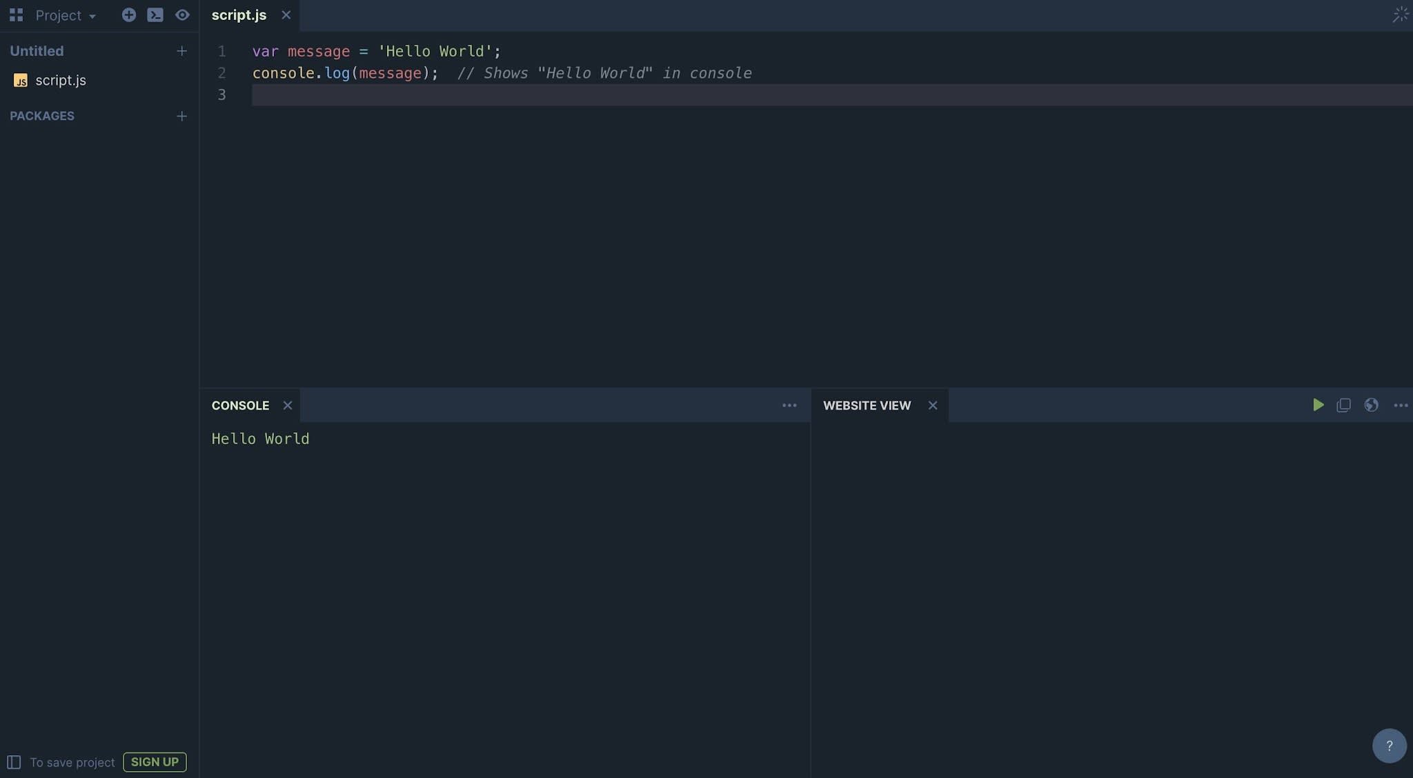 PlayCode editor used to execute JavaScript that writes the words Hello World to the Console.