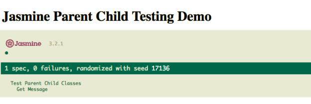 Successful result after loading the index.html file in a local browser and executing the Jasmine test suite.