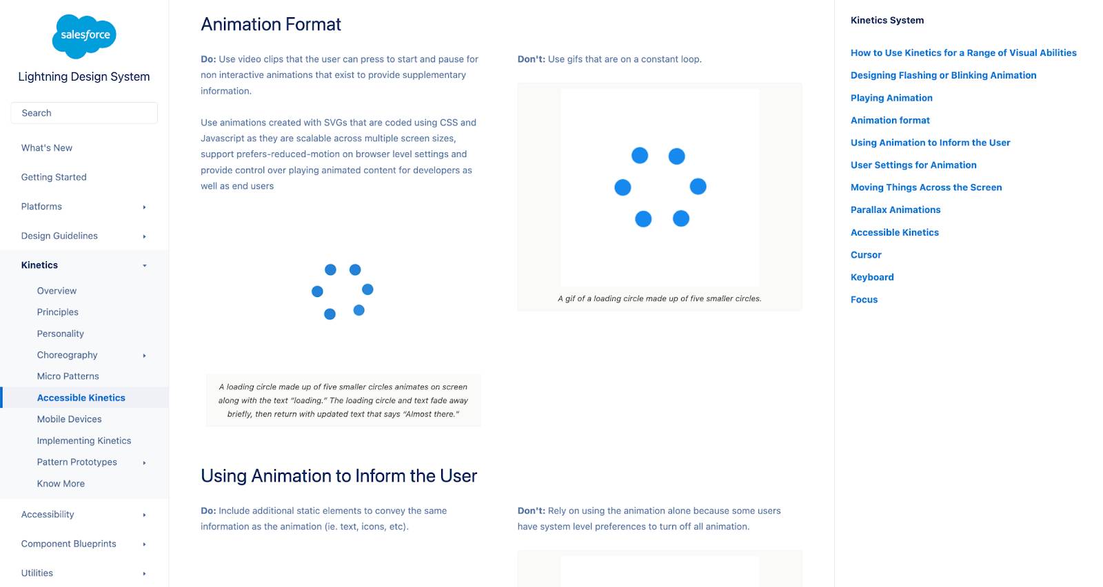Accessible Kinetics guidelines as seen on the Lightning Design System site