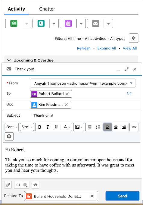A draft email and the Activity Panel