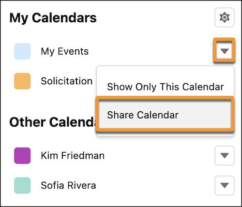 The Share Calendar option on the My Events calendar