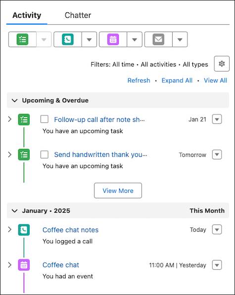 The Activity Panel with tasks, an events, and a logged call.