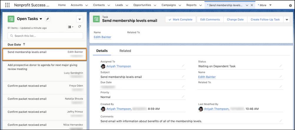 Tasks in split view, with the Open Tasks list to the left and the task record to the right.
