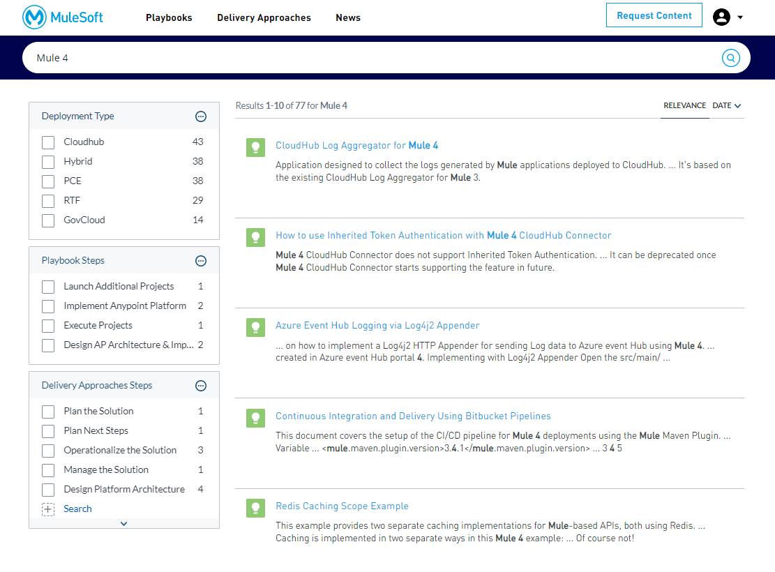 Catalyst Knowledge Hub search results page for Mule 4 search term showing deployment type, playbook steps, and delivery approach steps filters.
