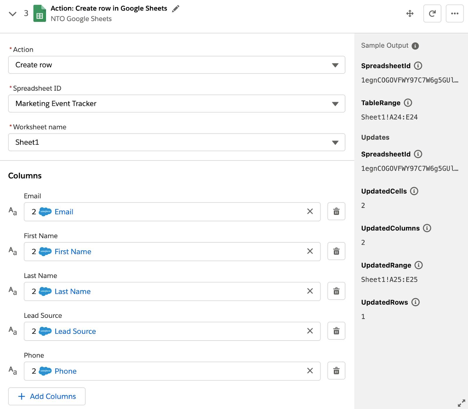 Step 3 of flow to create row in Marketing Event Tracker spreadsheet with values such as email, first name, and last name.