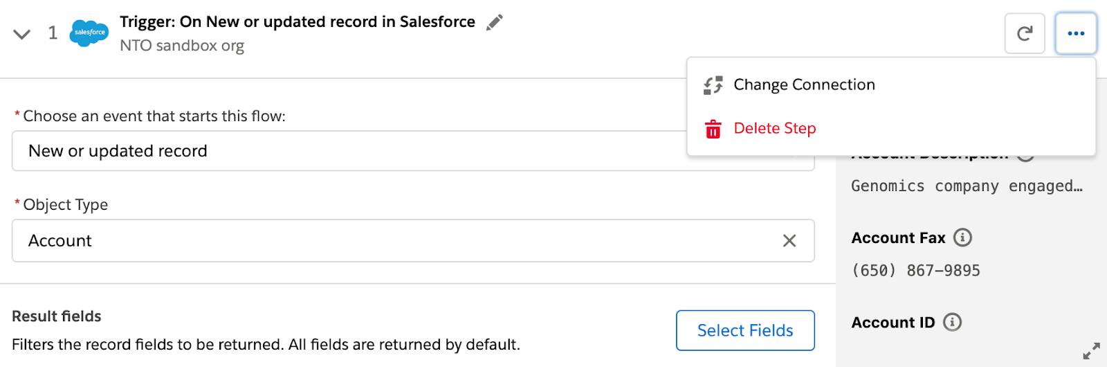 [Delete Step (ステップを削除)] アクションが表示されているフローのステップ 1。