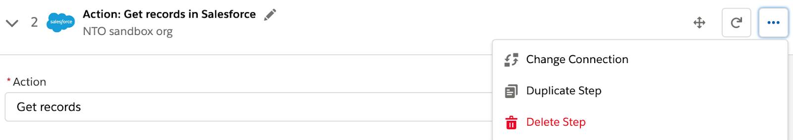 [Duplicate Step (ステップを複製)] アクションが表示されているフローのステップ 2。