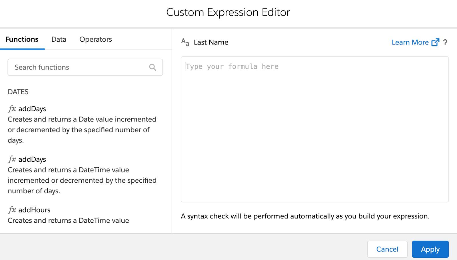 Custom Expression Editor with Functions, Data, and Operators tabs.